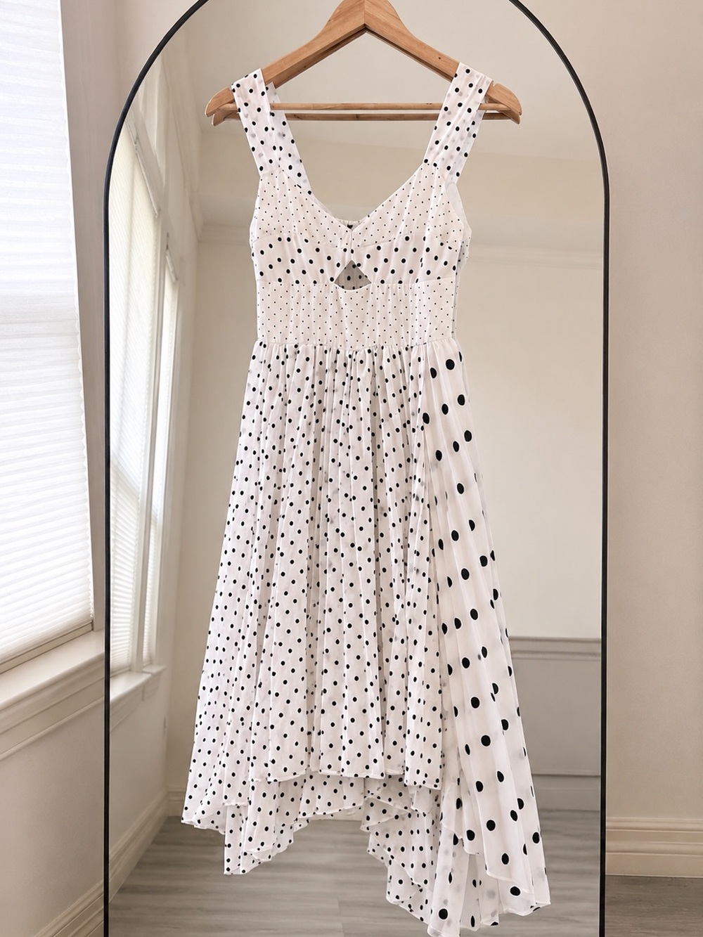 Banana Republic White and Black Polka Dot Asymmetrical Midi Dress